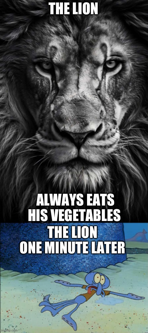 Lions love sitting on the ground | THE LION; ALWAYS EATS HIS VEGETABLES; THE LION ONE MINUTE LATER | image tagged in a lion doesn t concern himseld,vegetables,choking,passed out | made w/ Imgflip meme maker
