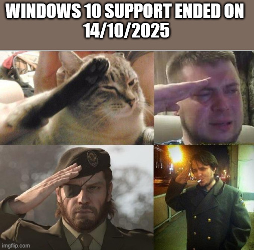 RIP Windows 10 | WINDOWS 10 SUPPORT ENDED ON 
14/10/2025 | image tagged in sad salute,windows 10,microsoft,computer | made w/ Imgflip meme maker