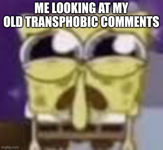Im literally a trans guy | ME LOOKING AT MY OLD TRANSPHOBIC COMMENTS | image tagged in spunchbop all sad n shit | made w/ Imgflip meme maker