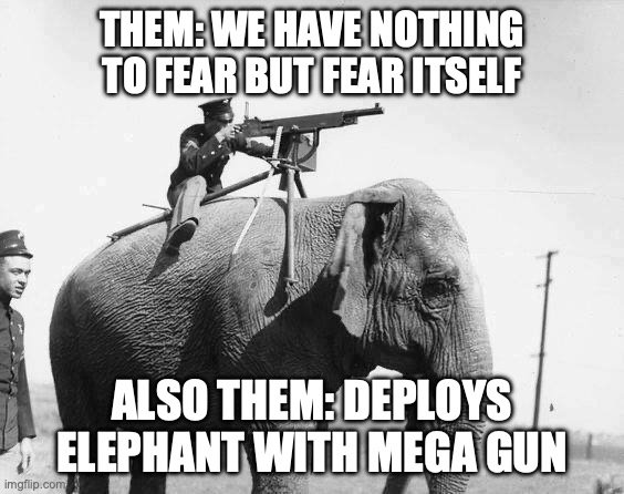 WW1 jumbogun | THEM: WE HAVE NOTHING TO FEAR BUT FEAR ITSELF; ALSO THEM: DEPLOYS ELEPHANT WITH MEGA GUN | image tagged in ww1 jumbogun | made w/ Imgflip meme maker