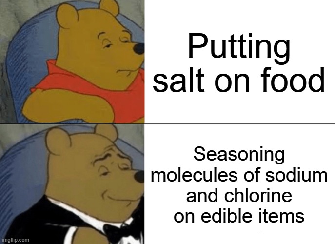 put some meme title here | Putting salt on food; Seasoning molecules of sodium and chlorine on edible items | image tagged in memes,tuxedo winnie the pooh,funny | made w/ Imgflip meme maker