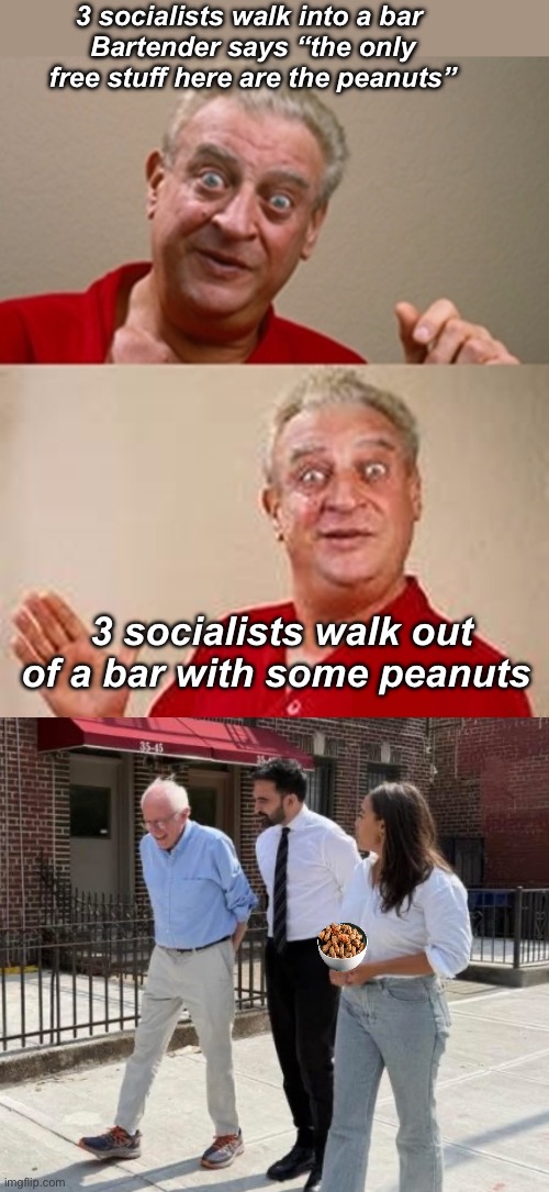 They stole the bowl | 3 socialists walk into a bar 
Bartender says “the only free stuff here are the peanuts”; 3 socialists walk out of a bar with some peanuts | image tagged in bad pun rodney dangerfield,politics lol,memes | made w/ Imgflip meme maker