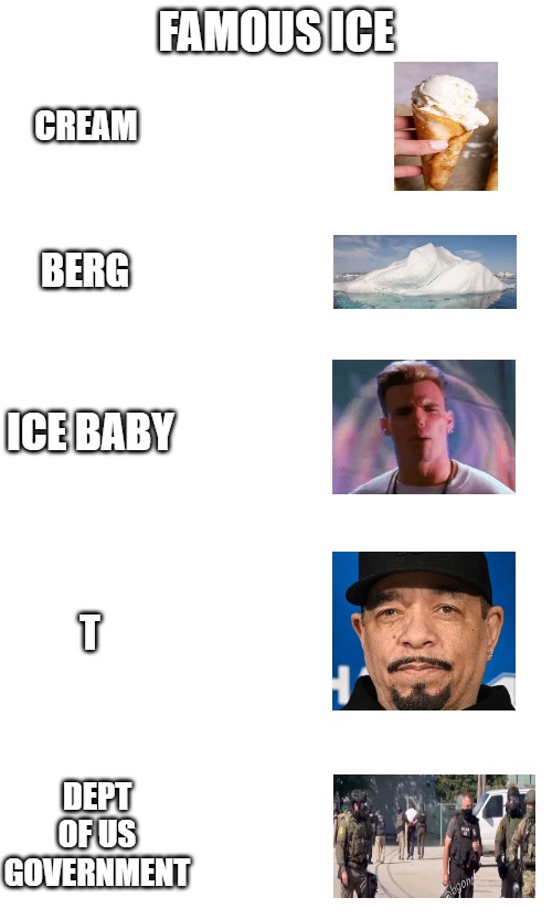 ICE | FAMOUS ICE; CREAM; BERG; ICE BABY; T; DEPT OF US
GOVERNMENT | made w/ Imgflip meme maker