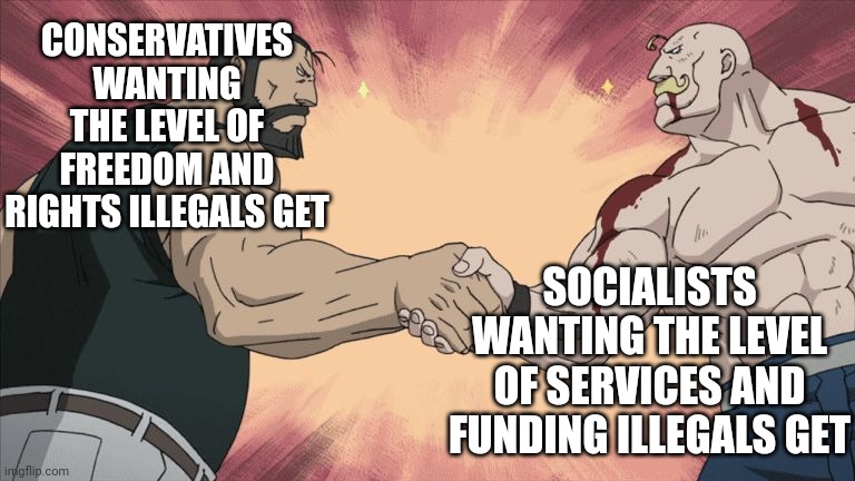 Illegals living everyone dream | CONSERVATIVES WANTING THE LEVEL OF FREEDOM AND RIGHTS ILLEGALS GET; SOCIALISTS WANTING THE LEVEL OF SERVICES AND FUNDING ILLEGALS GET | image tagged in manly handshake | made w/ Imgflip meme maker