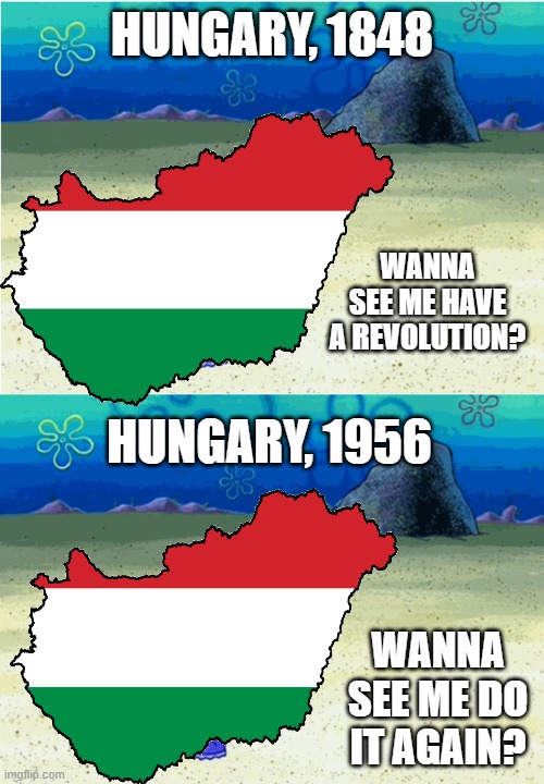 Hungarian Revolutions | HUNGARY, 1848; WANNA SEE ME HAVE A REVOLUTION? HUNGARY, 1956; WANNA SEE ME DO IT AGAIN? | image tagged in wanna see me run to that rock wanna see me do it again | made w/ Imgflip meme maker