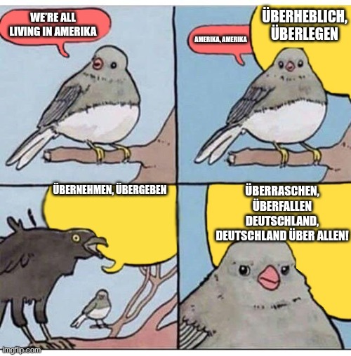 annoyed bird | ÜBERHEBLICH, ÜBERLEGEN; WE’RE ALL LIVING IN AMERIKA; AMERIKA, AMERIKA; ÜBERNEHMEN, ÜBERGEBEN; ÜBERRASCHEN, ÜBERFALLEN
DEUTSCHLAND, DEUTSCHLAND ÜBER ALLEN! | image tagged in annoyed bird | made w/ Imgflip meme maker