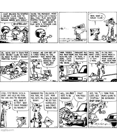 “Calvin & Hobbes Crash the Family Car” - Pts. 1-3 | image tagged in calvin and hobbes,comics,family car,oops,accident | made w/ Imgflip meme maker