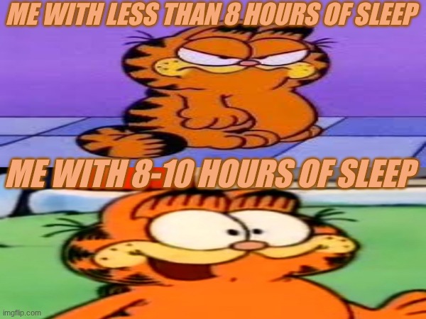 You NEED sleep chat. | ME WITH LESS THAN 8 HOURS OF SLEEP; ME WITH 8-10 HOURS OF SLEEP | image tagged in sleep | made w/ Imgflip meme maker