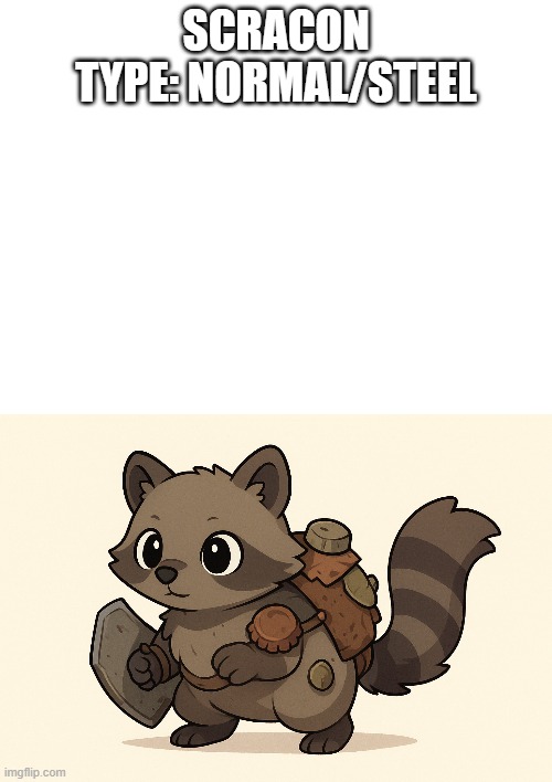 new fakemon | SCRACON
TYPE: NORMAL/STEEL | image tagged in pokemon,fakemon | made w/ Imgflip meme maker
