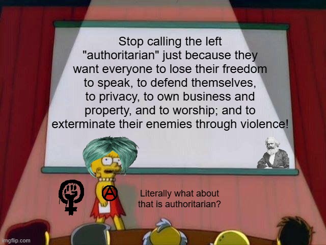 Lisa Simpson's Presentation | Stop calling the left "authoritarian" just because they want everyone to lose their freedom to speak, to defend themselves, to privacy, to own business and property, and to worship; and to exterminate their enemies through violence! Literally what about that is authoritarian? | image tagged in lisa simpson's presentation,the left is violent,socilialism,communism,democrats,liberal hypocrisy | made w/ Imgflip meme maker