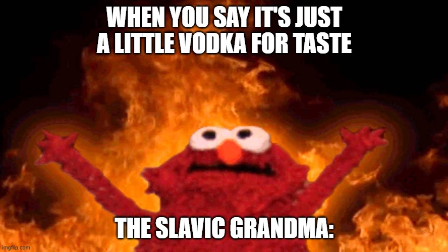 elmo fire | WHEN YOU SAY IT'S JUST A LITTLE VODKA FOR TASTE; THE SLAVIC GRANDMA: | image tagged in elmo fire,slavic lives matter,black lives matter | made w/ Imgflip meme maker