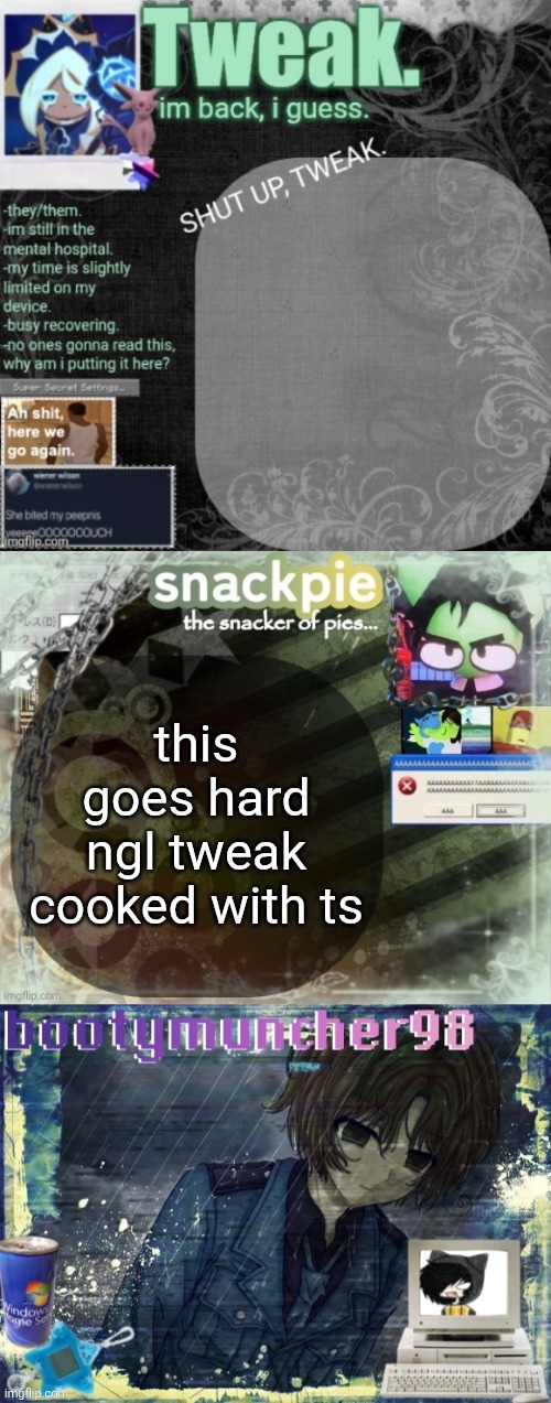 this goes hard ngl tweak cooked with ts | image tagged in tweak snackpie and bootymuncher98 multitemplate | made w/ Imgflip meme maker