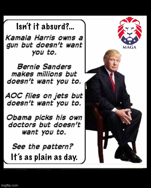 It’s the main motto of the left, “do as we say, not as we do”… | Isn’t it absurd?…; It’s as plain as day. | image tagged in political meme,democrats,hypocrisy,president trump,absurd,plain as day | made w/ Imgflip meme maker