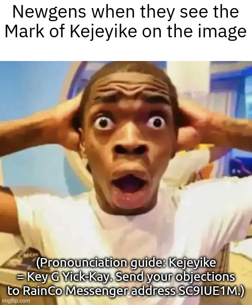 Shocked black guy | Newgens when they see the Mark of Kejeyike on the image; (Pronounciation guide: Kejeyike = Key G Yick-Kay. Send your objections to RainCo Messenger address SC9IUE1M.) | image tagged in shocked black guy | made w/ Imgflip meme maker