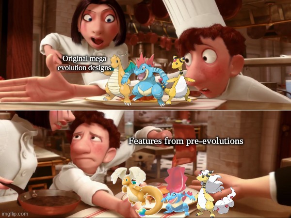 Dragonair's wings and orb, Flaffy's wool, & big Totodile head | Original mega evolution designs; Features from pre-evolutions | image tagged in memes,funny,pokemon,gaming,disney | made w/ Imgflip meme maker