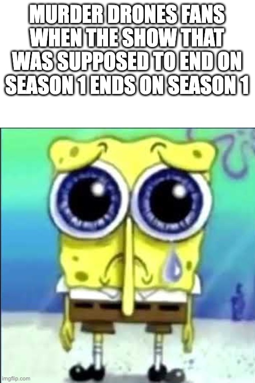 Sad Spongebob | MURDER DRONES FANS WHEN THE SHOW THAT WAS SUPPOSED TO END ON SEASON 1 ENDS ON SEASON 1 | image tagged in sad spongebob | made w/ Imgflip meme maker