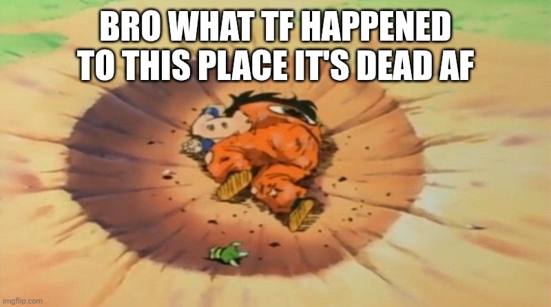 yamcha dead | BRO WHAT TF HAPPENED TO THIS PLACE IT'S DEAD AF | image tagged in yamcha dead | made w/ Imgflip meme maker