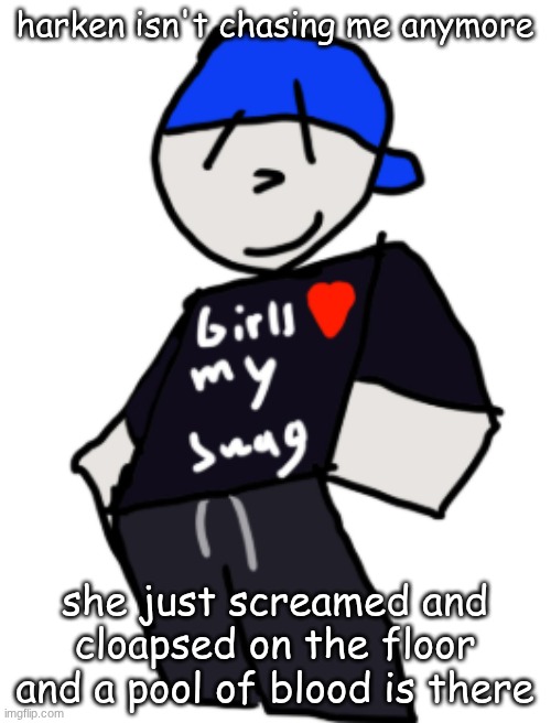 is she ok? | harken isn't chasing me anymore; she just screamed and cloapsed on the floor
and a pool of blood is there | image tagged in girls love my swag | made w/ Imgflip meme maker