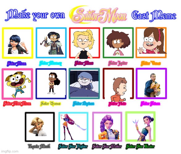 Sailor moon cast meme (I used a few male characters because I thought they fit the characters I put them with) | image tagged in sailor moon,hilda,big city greens,gravity falls,amphibia,stranger things | made w/ Imgflip meme maker