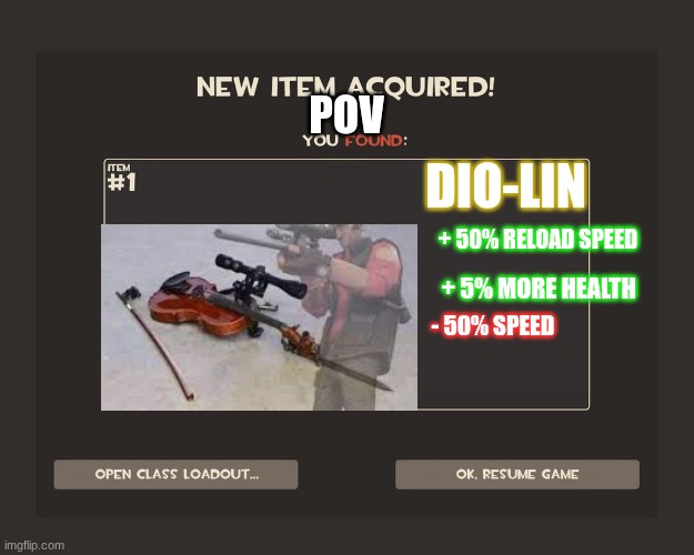 You got tf2 shit | POV; DIO-LIN; + 50% RELOAD SPEED; + 5% MORE HEALTH; - 50% SPEED | image tagged in you got tf2 shit | made w/ Imgflip meme maker