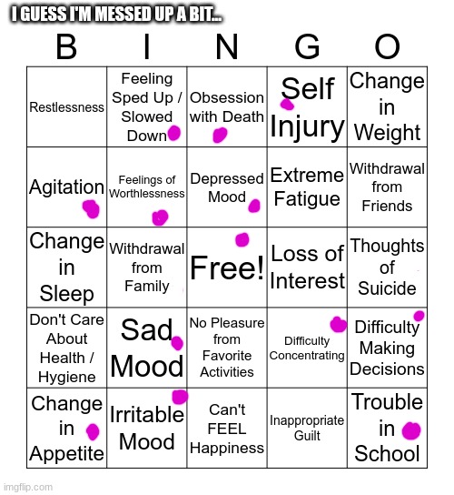 .... | I GUESS I'M MESSED UP A BIT... | image tagged in depression bingo 1 | made w/ Imgflip meme maker