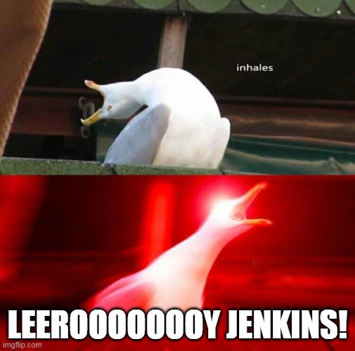 Inhaling Seagull  | LEEROOOOOOOY JENKINS! | image tagged in inhaling seagull,leeroy jenkins | made w/ Imgflip meme maker