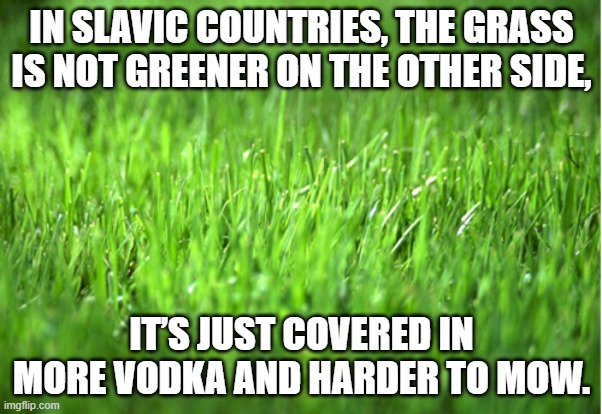 grass is greener | IN SLAVIC COUNTRIES, THE GRASS IS NOT GREENER ON THE OTHER SIDE, IT’S JUST COVERED IN MORE VODKA AND HARDER TO MOW. | image tagged in grass is greener,slavic live,slavic lives matter | made w/ Imgflip meme maker
