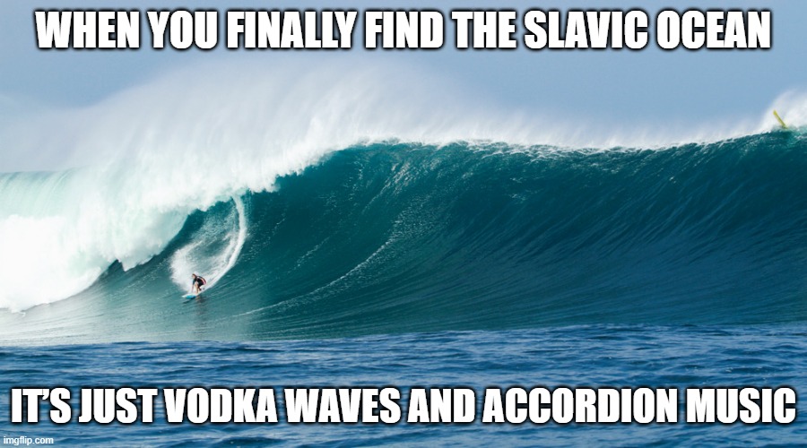 Surfing | WHEN YOU FINALLY FIND THE SLAVIC OCEAN; IT’S JUST VODKA WAVES AND ACCORDION MUSIC | image tagged in surfing,slavic ocean,slavic lives matter | made w/ Imgflip meme maker