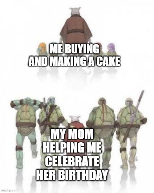 My mom will celebrate her birthday | ME BUYING AND MAKING A CAKE; MY MOM HELPING ME CELEBRATE HER BIRTHDAY | image tagged in tmnt grown up,memes,funny | made w/ Imgflip meme maker