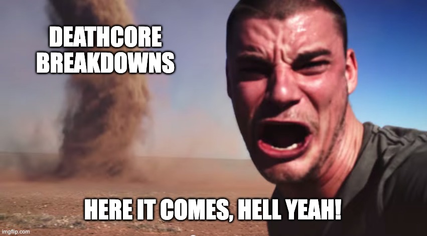 Deathcore breakdowns are so good | DEATHCORE BREAKDOWNS; HERE IT COMES, HELL YEAH! | image tagged in here it comes,memes,funny,deathcore,deathcore breakdowns | made w/ Imgflip meme maker