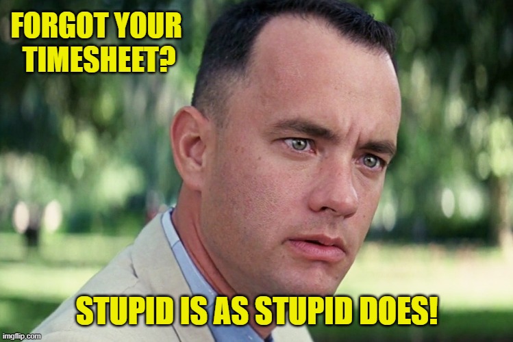 Forrest Gump TImesheet reminder | FORGOT YOUR
 TIMESHEET? STUPID IS AS STUPID DOES! | image tagged in memes,forrest gump timesheet reminder,timesheet reminder | made w/ Imgflip meme maker