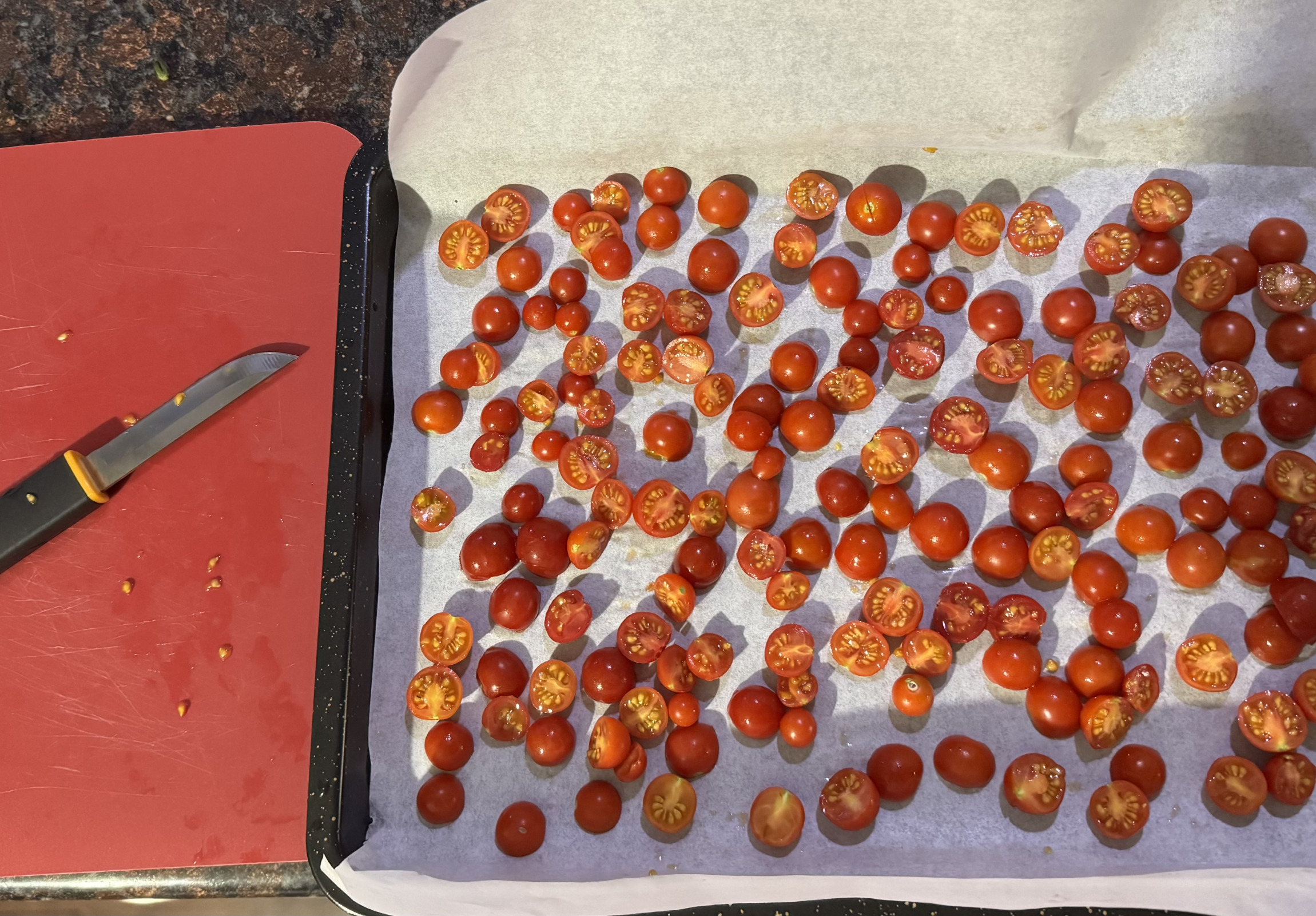 Cherry tomatoes, cut in half ready for freezing Blank Meme Template