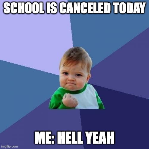Success kid comments on school | SCHOOL IS CANCELED TODAY; ME: HELL YEAH | image tagged in memes,success kid,funny,school | made w/ Imgflip meme maker