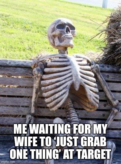 Waiting Skeleton | ME WAITING FOR MY WIFE TO ‘JUST GRAB ONE THING’ AT TARGET | image tagged in memes,waiting skeleton | made w/ Imgflip meme maker