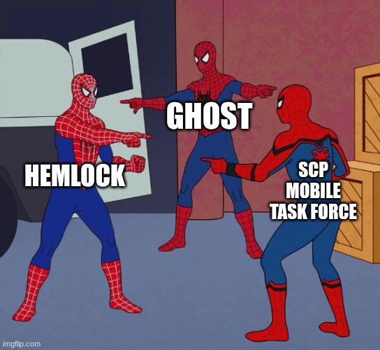 they all have similar fits | GHOST; HEMLOCK; SCP MOBILE TASK FORCE | image tagged in spider man triple,memes,funny,battlefield 6 | made w/ Imgflip meme maker