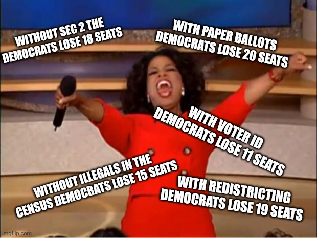 Oprah You Get A | WITH PAPER BALLOTS DEMOCRATS LOSE 20 SEATS; WITHOUT SEC 2 THE DEMOCRATS LOSE 18 SEATS; WITH VOTER ID DEMOCRATS LOSE 11 SEATS; WITHOUT ILLEGALS IN THE CENSUS DEMOCRATS LOSE 15 SEATS; WITH REDISTRICTING DEMOCRATS LOSE 19 SEATS | image tagged in memes,oprah you get a,funny memes | made w/ Imgflip meme maker