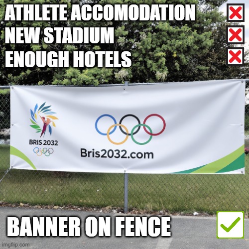 Only 7 years to go! | ATHLETE ACCOMODATION; NEW STADIUM; ENOUGH HOTELS; BANNER ON FENCE | image tagged in olympics,australia,meanwhile in australia,sport,australians,special olympics | made w/ Imgflip meme maker
