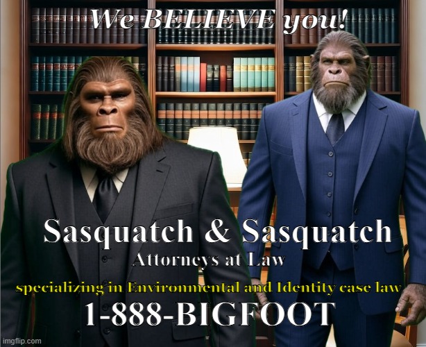 If you can find us... | We BELIEVE you! Sasquatch & Sasquatch; Attorneys at Law; specializing in Environmental and Identity case law; 1-888-BIGFOOT | image tagged in bigfoot,lawyers,funny meme | made w/ Imgflip meme maker