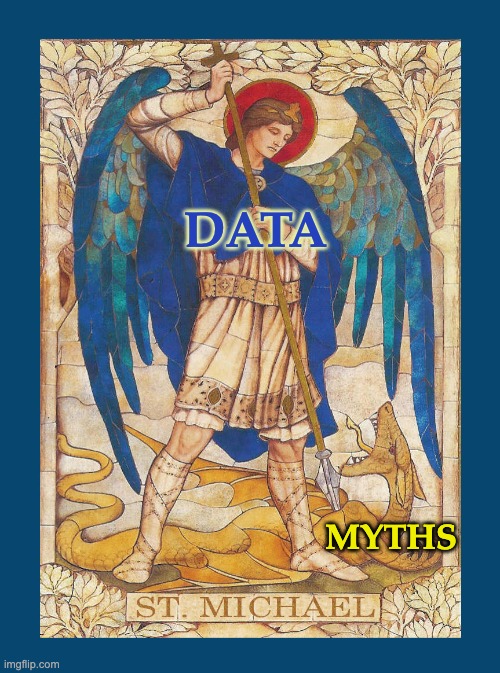 Why, yes! Math is heroic. | DATA; MYTHS | image tagged in st michael slays dragon,math,data,struggle,heroes | made w/ Imgflip meme maker