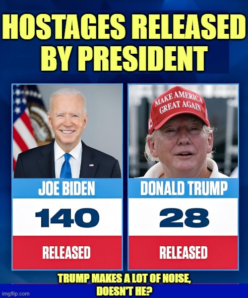 HOSTAGES RELEASED
BY PRESIDENT; TRUMP MAKES A LOT OF NOISE,
DOESN'T HE? | image tagged in hostages,israel,palestine,biden,trump,bragging | made w/ Imgflip meme maker