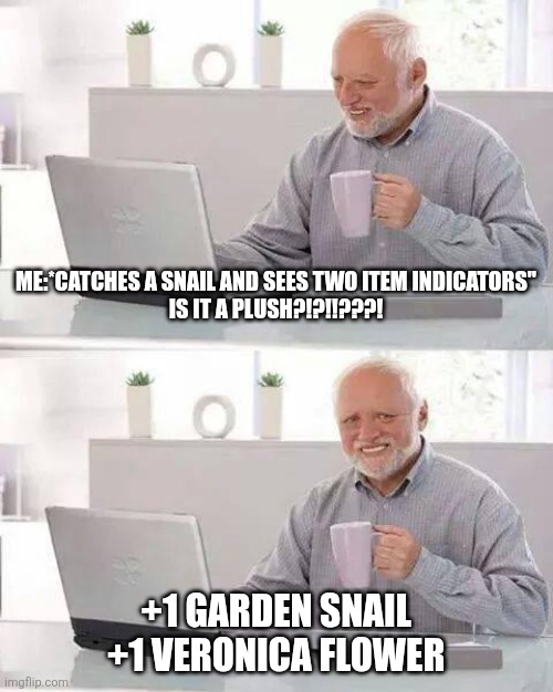 Get In On The Grindset | ME:*CATCHES A SNAIL AND SEES TWO ITEM INDICATORS"
IS IT A PLUSH?!?!!???! +1 GARDEN SNAIL
+1 VERONICA FLOWER | image tagged in memes,hide the pain harold,palia,plush,snailgate | made w/ Imgflip meme maker