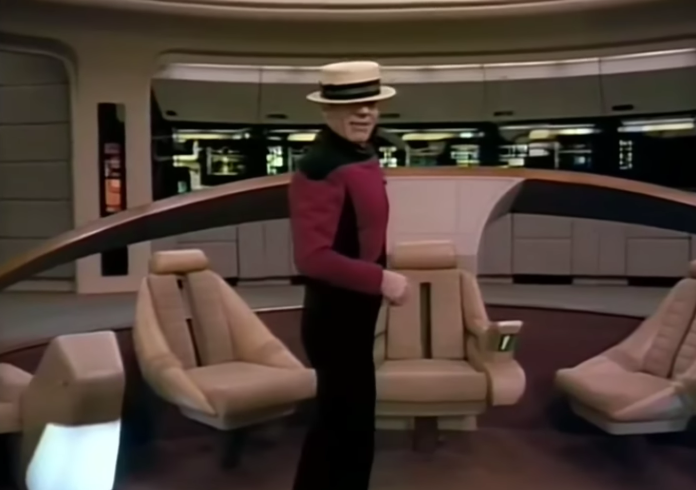 Picard With Straw Hat Dancing On The Bridge Blank Meme Template