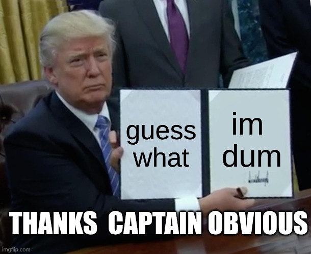 Trump Bill Signing Meme | guess what; im  dum; THANKS  CAPTAIN OBVIOUS | image tagged in memes,trump bill signing | made w/ Imgflip meme maker