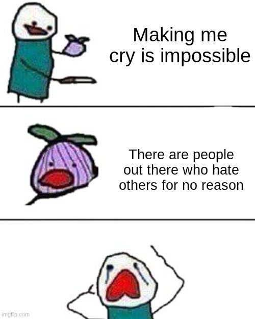 :( | Making me cry is impossible; There are people out there who hate others for no reason | image tagged in this onion won't make me cry | made w/ Imgflip meme maker