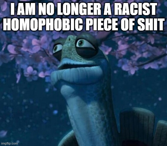 it's been a while since i've posted on here, my views have changed drastically | I AM NO LONGER A RACIST HOMOPHOBIC PIECE OF SHIT | image tagged in oogway | made w/ Imgflip meme maker
