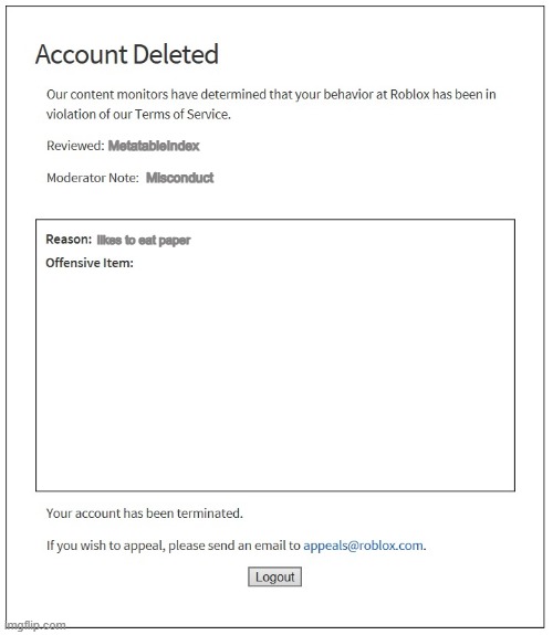 banned from ROBLOX | MetatableIndex; Misconduct; likes to eat paper | image tagged in banned from roblox | made w/ Imgflip meme maker