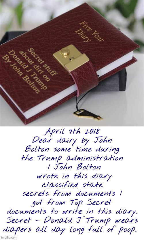 Bolton's Diary Stolen Secrets | image tagged in bolton's diary stolen secrets,bolton raided fbi,bolton indicted on secret documents,shit on trump,witch hunt,lawfare | made w/ Imgflip meme maker
