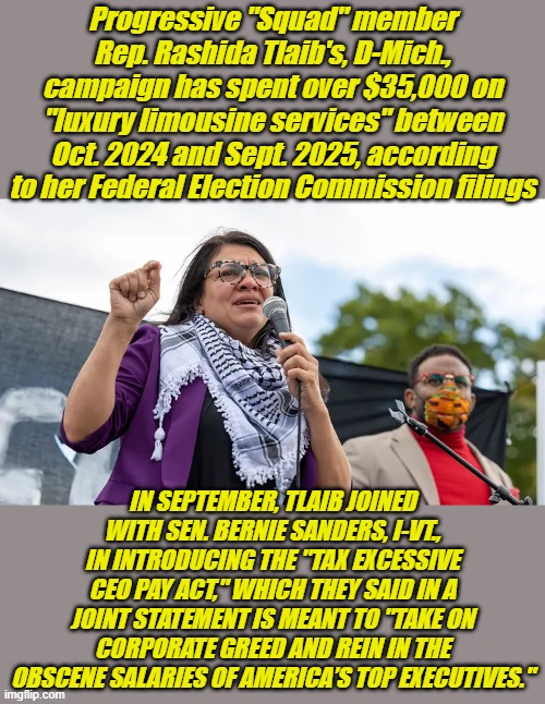 HYPO CRIT | Progressive "Squad" member Rep. Rashida Tlaib's, D-Mich., campaign has spent over $35,000 on "luxury limousine services" between Oct. 2024 and Sept. 2025, according to her Federal Election Commission filings; IN SEPTEMBER, TLAIB JOINED WITH SEN. BERNIE SANDERS, I-VT., IN INTRODUCING THE "TAX EXCESSIVE CEO PAY ACT," WHICH THEY SAID IN A JOINT STATEMENT IS MEANT TO "TAKE ON CORPORATE GREED AND REIN IN THE OBSCENE SALARIES OF AMERICA’S TOP EXECUTIVES." | made w/ Imgflip meme maker