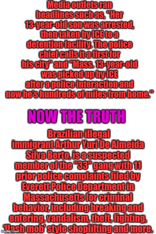 Hes just a kid.. They just want a job. LIE LIE LIE thats the Dems | Media outlets ran headlines such as, "Her 13-year-old son was arrested, then taken by ICE to a detention facility. The police chief calls it a first for his city" and "Mass. 13-year-old was picked up by ICE after a police interaction and now he’s hundreds of miles from home."; Brazilian illegal immigrant Arthur Yuri De Almeida Silva Berto, is a suspected member of the "33" gang with 11 prior police complaints filed by Everett Police Department in Massachusetts for criminal behavior, including breaking and entering, vandalism, theft, fighting, ‘flash mob’ style shoplifting and more. NOW THE TRUTH | made w/ Imgflip meme maker