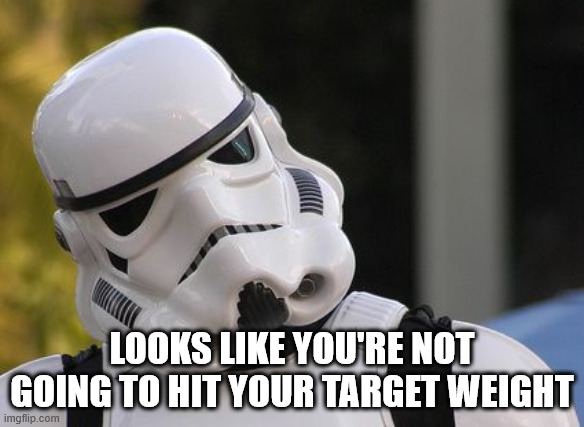 Confused stormtrooper | LOOKS LIKE YOU'RE NOT GOING TO HIT YOUR TARGET WEIGHT | image tagged in confused stormtrooper | made w/ Imgflip meme maker